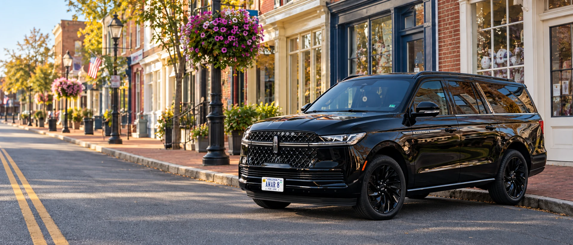 Client-reference Lincoln Navigator L on a local downtown Leesburg street in Virginia