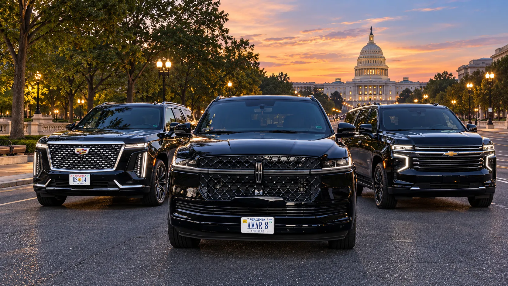 Exactly three black SUVs: client-style Lincoln Navigator centered, Cadillac left, Chevrolet Suburban right in Washington DC