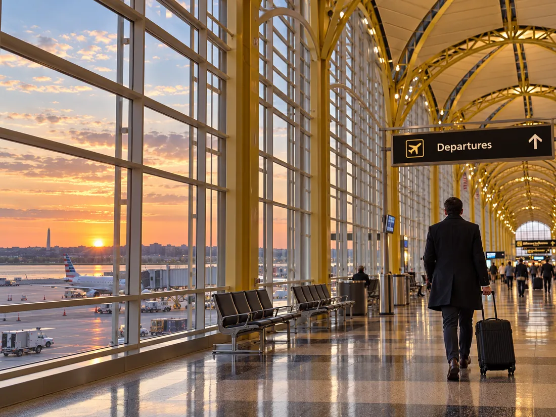 Traveler with luggage beside a departures sign and terminal windows