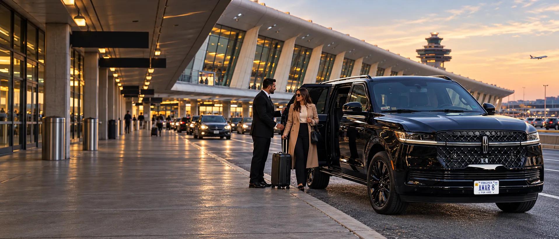Client-style black Lincoln Navigator L with chauffeur assisting an airport traveler at Dulles terminal