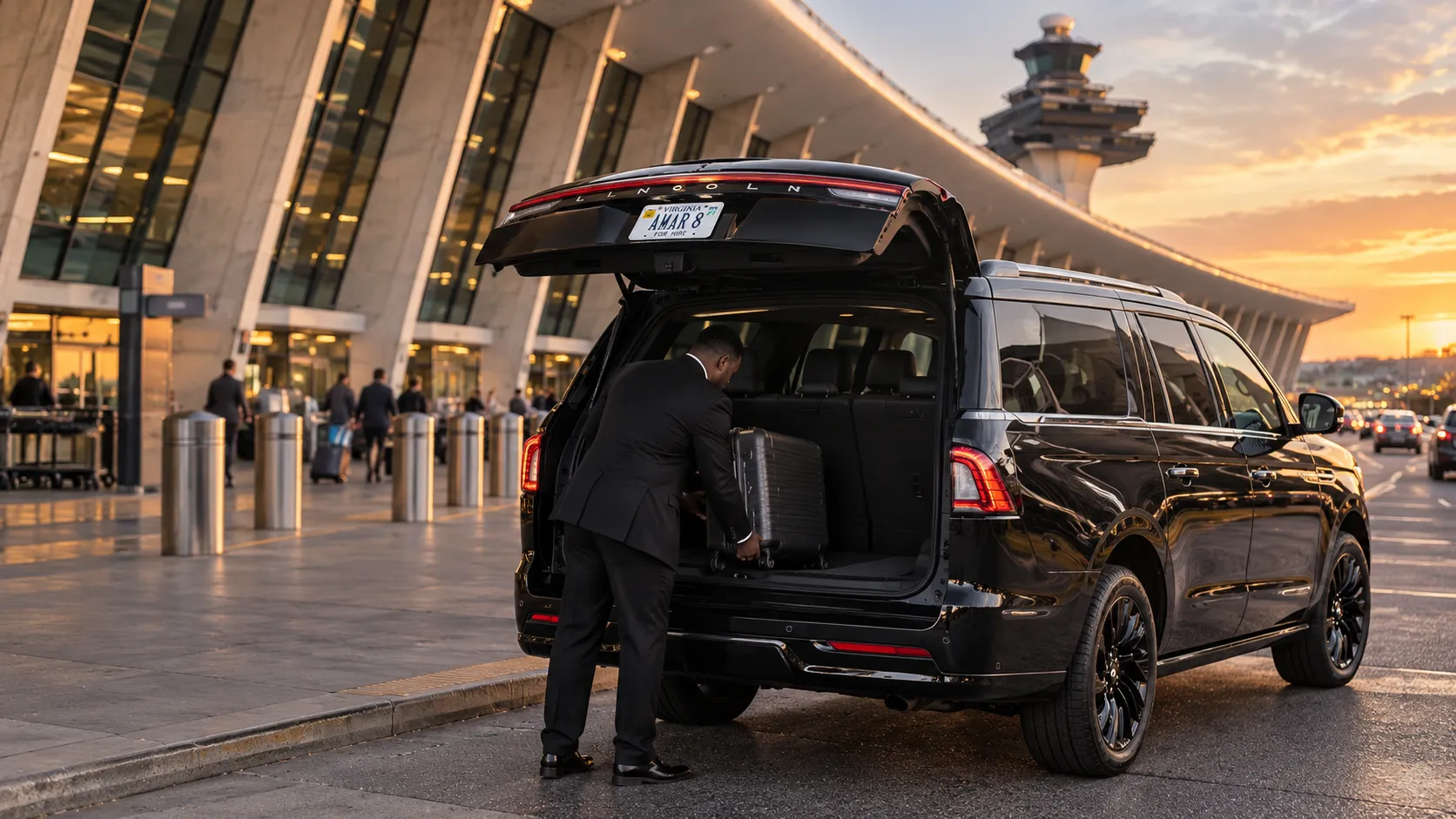 Chauffeur loading a suitcase into the original-style Lincoln Navigator L at an airport terminal