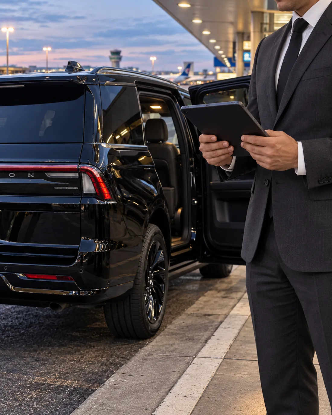 Professional chauffeur reviewing a tablet beside the client-style Lincoln Navigator