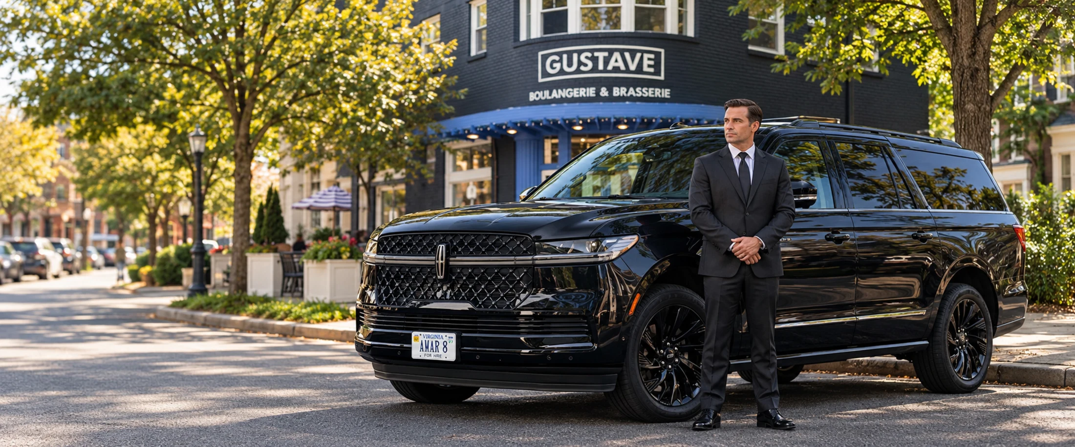 Professional chauffeur beside the client-reference Lincoln Navigator L in a recreated Del Ray streetscape