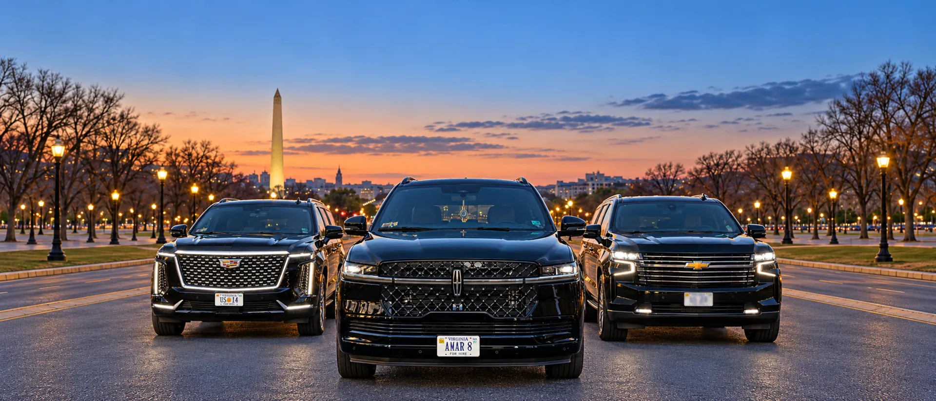 Black Lincoln Navigator L, Cadillac Escalade and Chevrolet Suburban in Washington DC at dusk