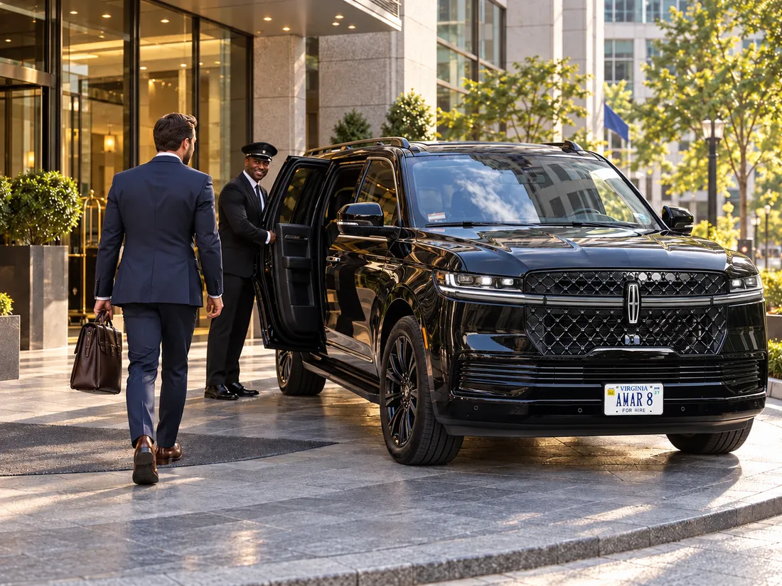 Executive with a briefcase approaching the client-style AMAR 8 Lincoln Navigator L at an office pickup