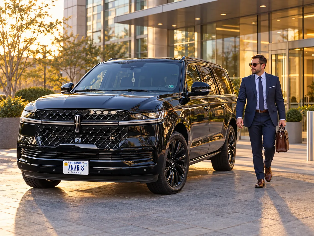 Executive and client-style Lincoln Navigator L outside a Northern Virginia office