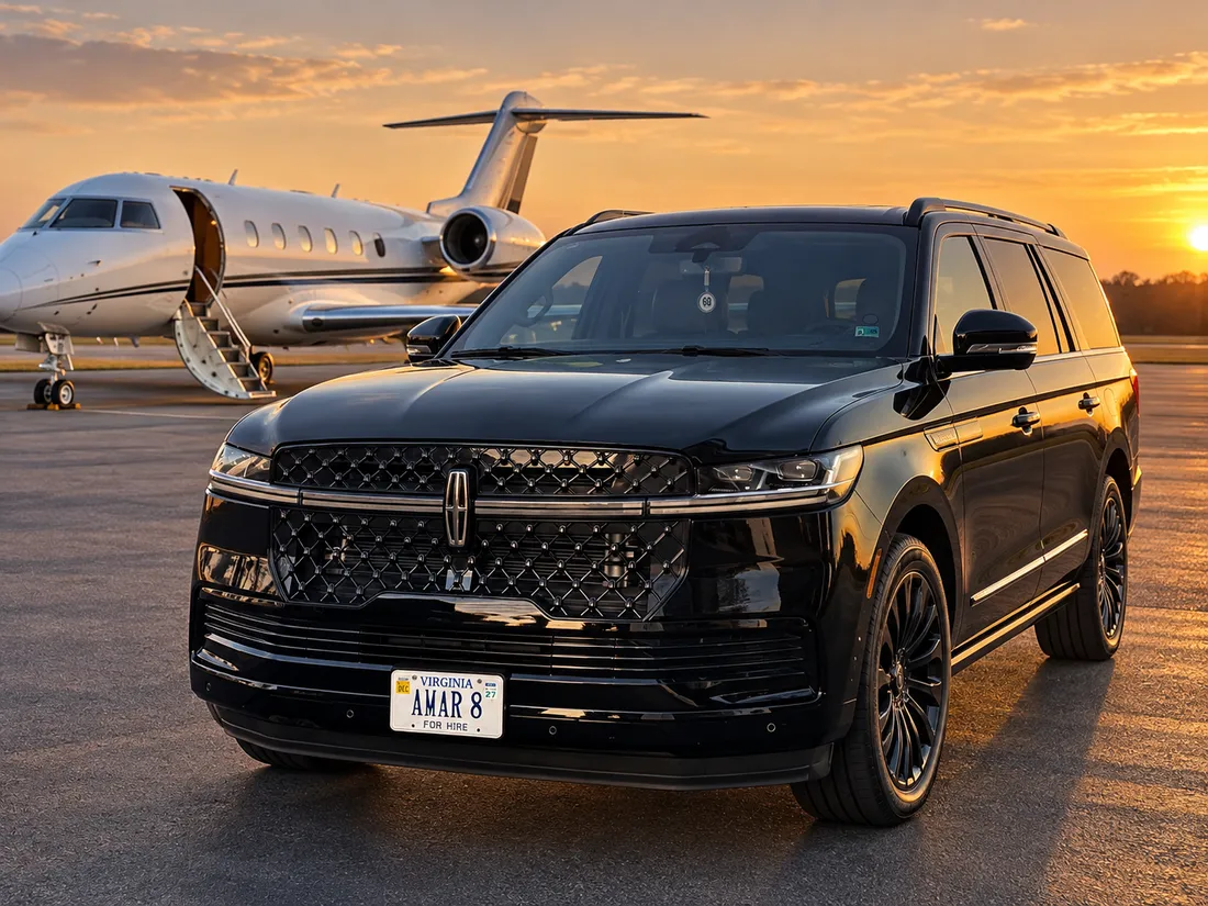 Client-style Lincoln Navigator L beside a private aircraft for executive airport transportation