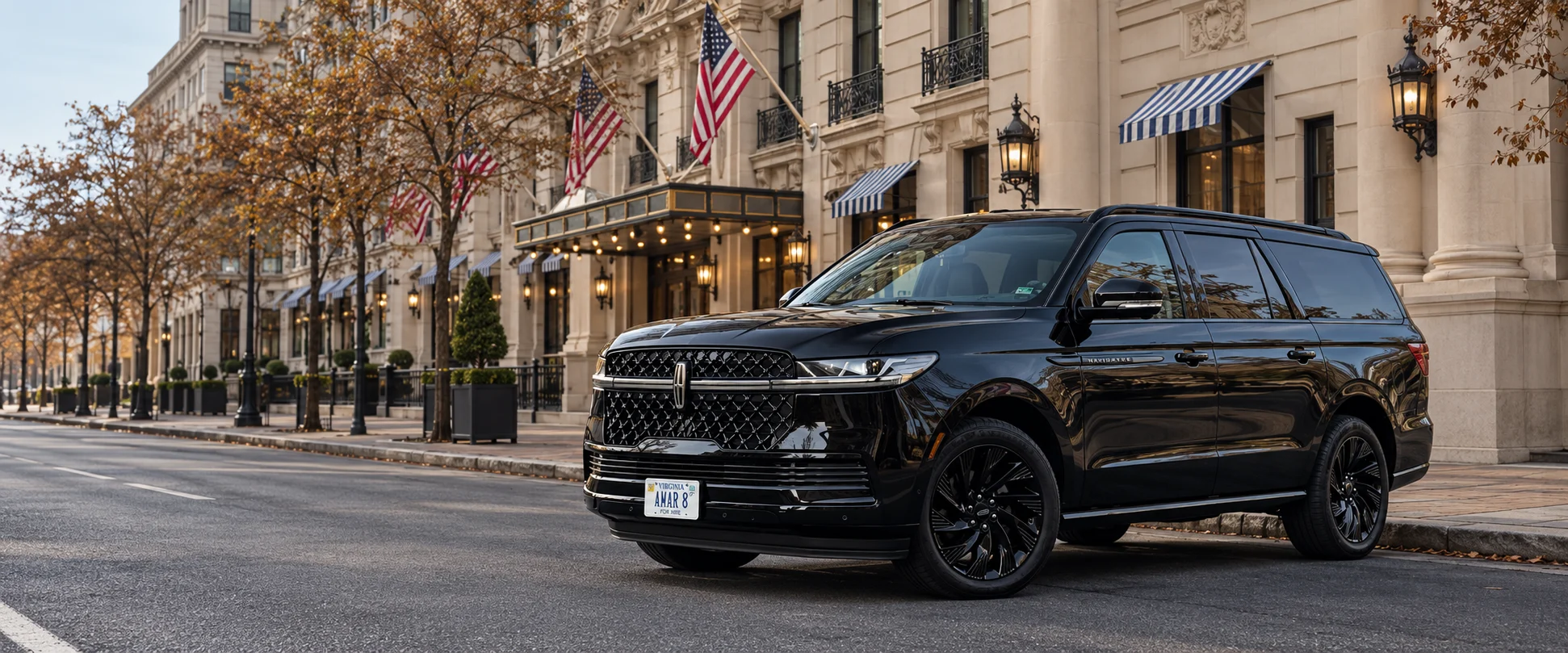 Client-reference Lincoln Navigator L AMAR 8 at the real Willard Hotel streetscape in Washington DC