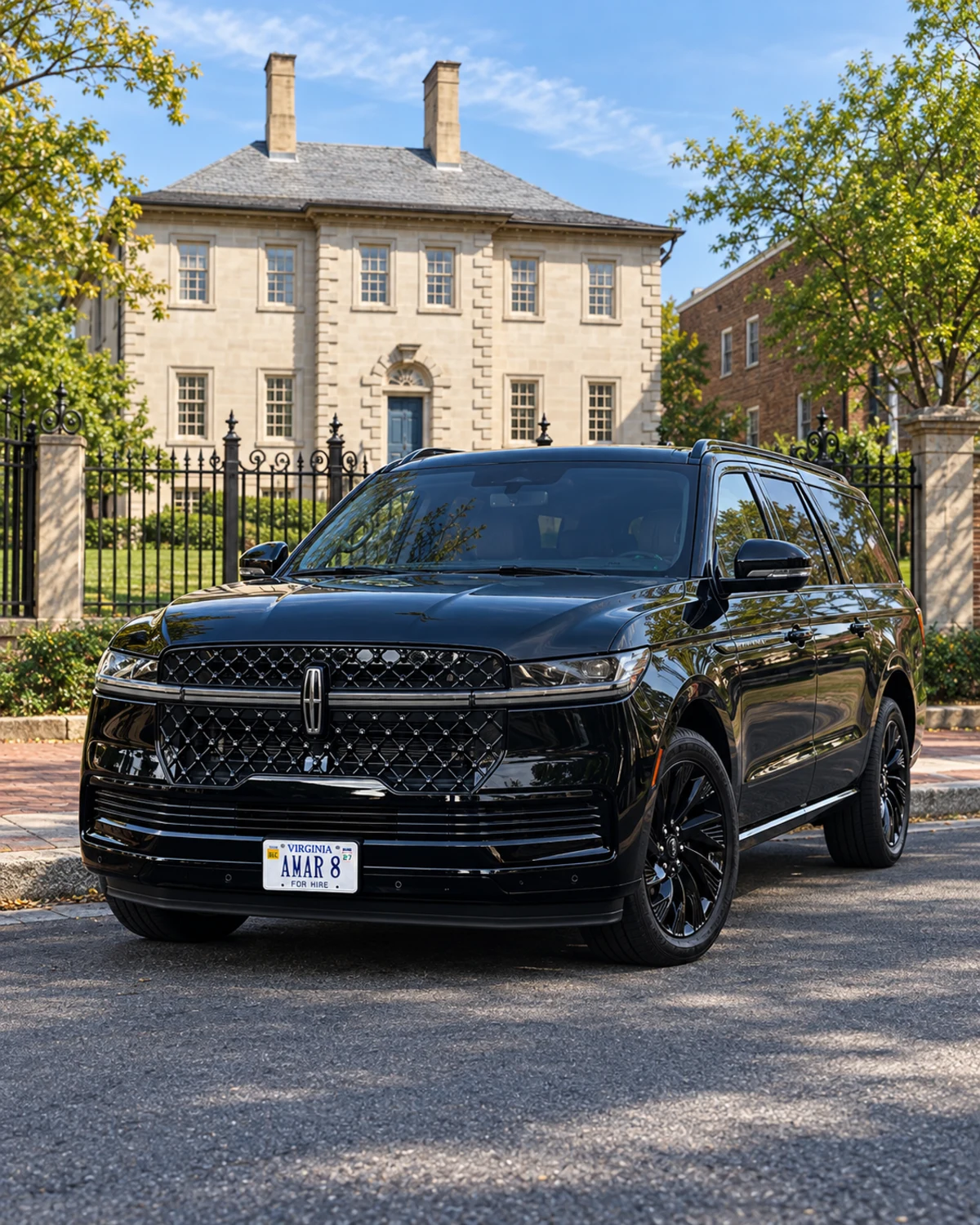 Front view of client-reference Lincoln Navigator L AMAR 8 near Carlyle House in Old Town Alexandria, Virginia