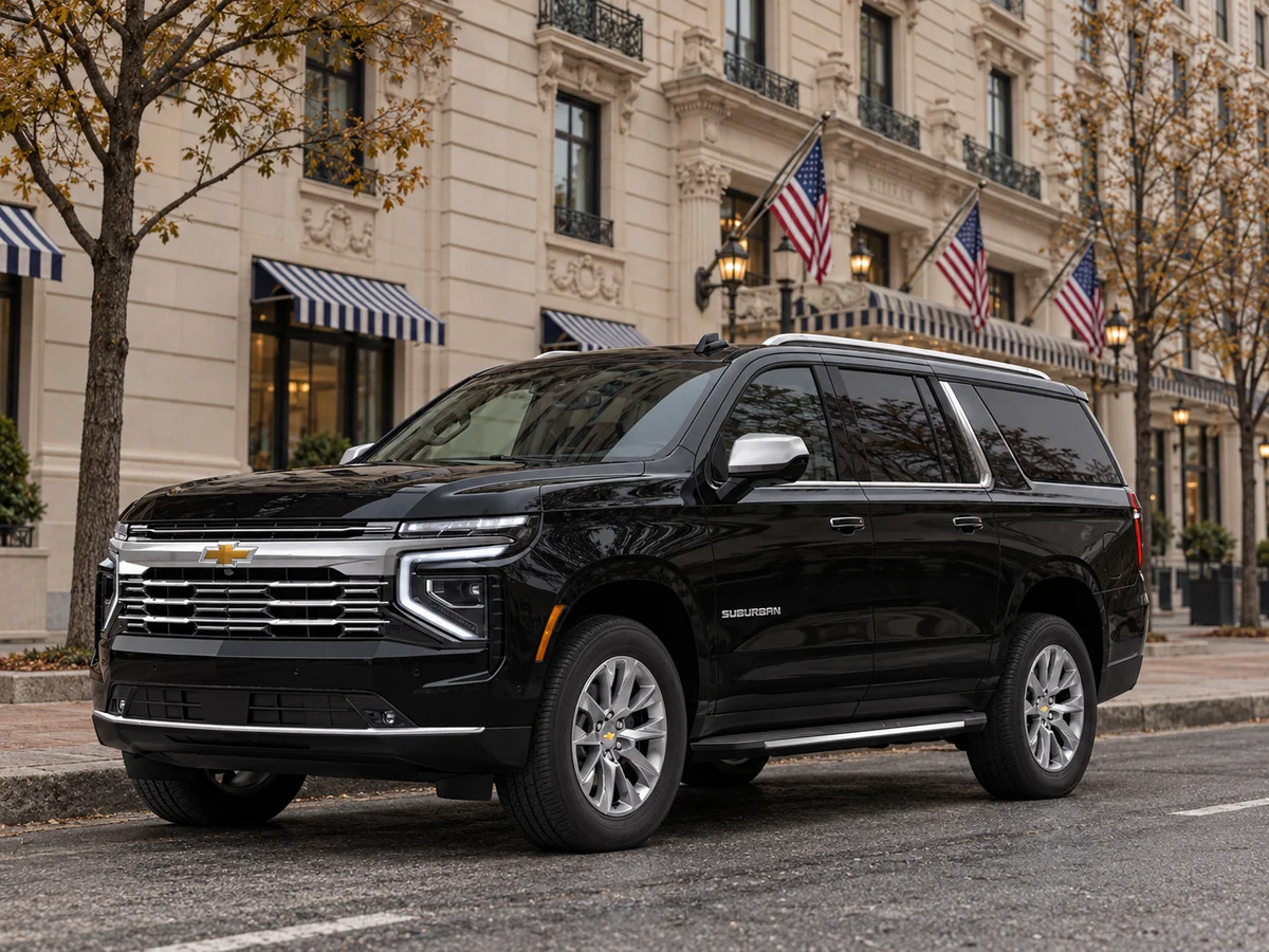 2026 Chevrolet Suburban Premier model illustration at the Willard Hotel streetscape