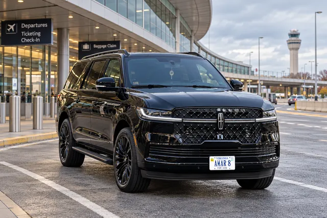 Client-reference Lincoln Navigator at an ordinary airport terminal pickup lane