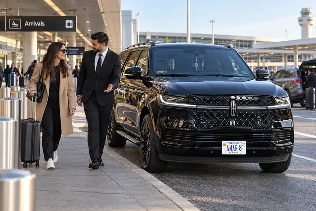 Consistent chauffeur and traveler with a carry-on at an airport curb beside the Lincoln