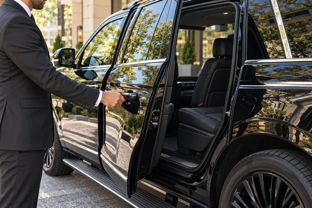 Chauffeur's hand holding the black Lincoln rear passenger door at an ordinary curb