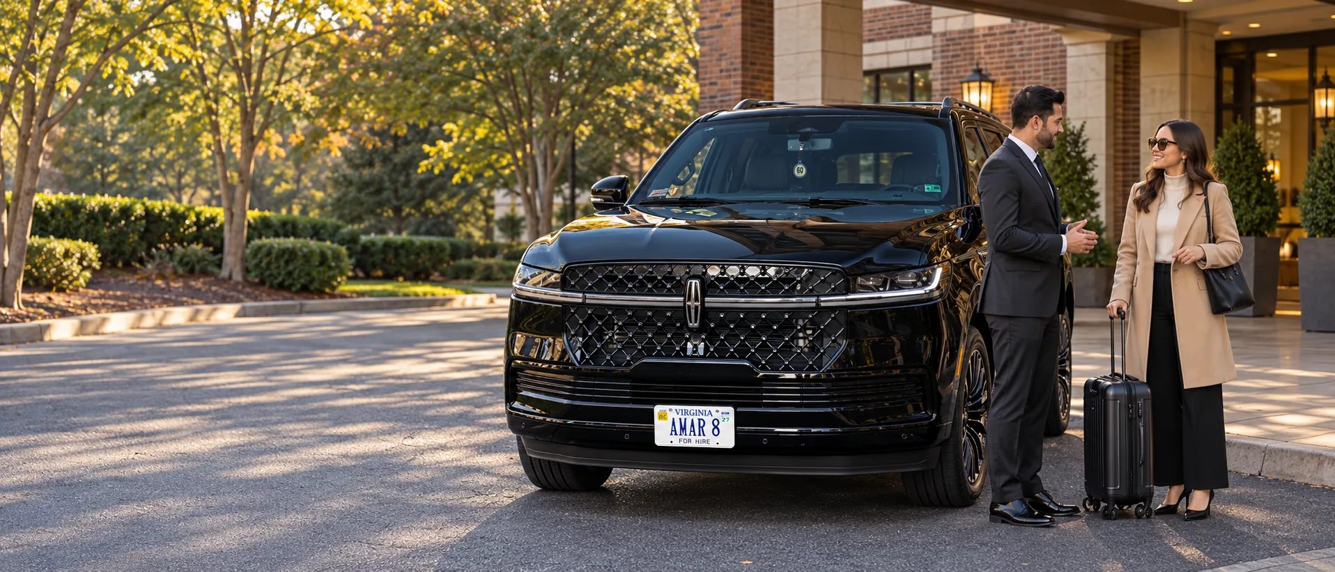 Client-reference Lincoln Navigator AMAR 8 with the consistent chauffeur and a traveler at a local hotel curb