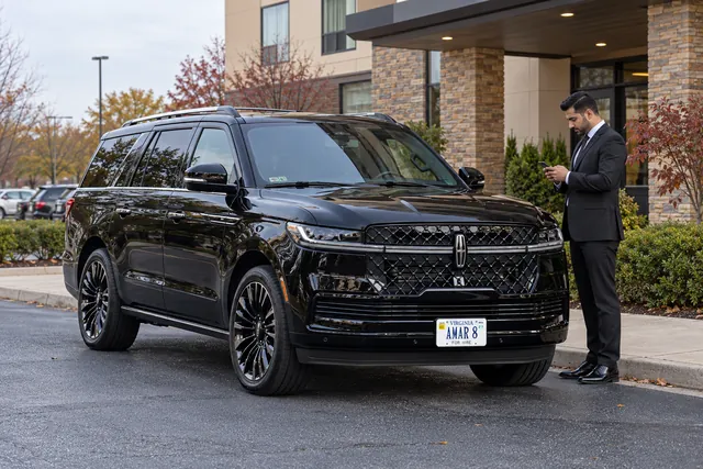 Consistent chauffeur reviewing a schedule beside the Lincoln at a modest Maryland hotel
