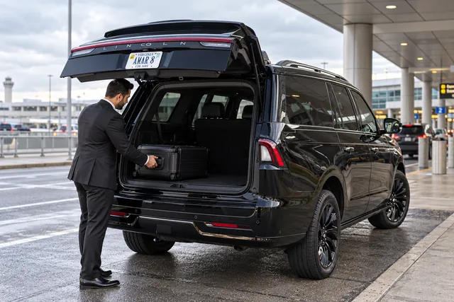 Consistent chauffeur loading a carry-on into the Lincoln, AMAR 8 rear plate moving with the raised liftgate