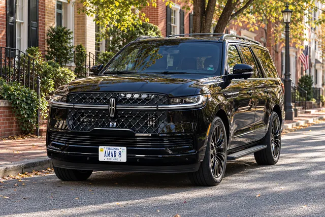 Client-reference black Lincoln Navigator AMAR 8 on a quiet tree-lined brick neighborhood street