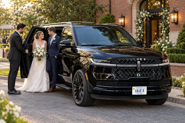 Wedding couple and consistent chauffeur beside the client-reference Lincoln at a modest local venue