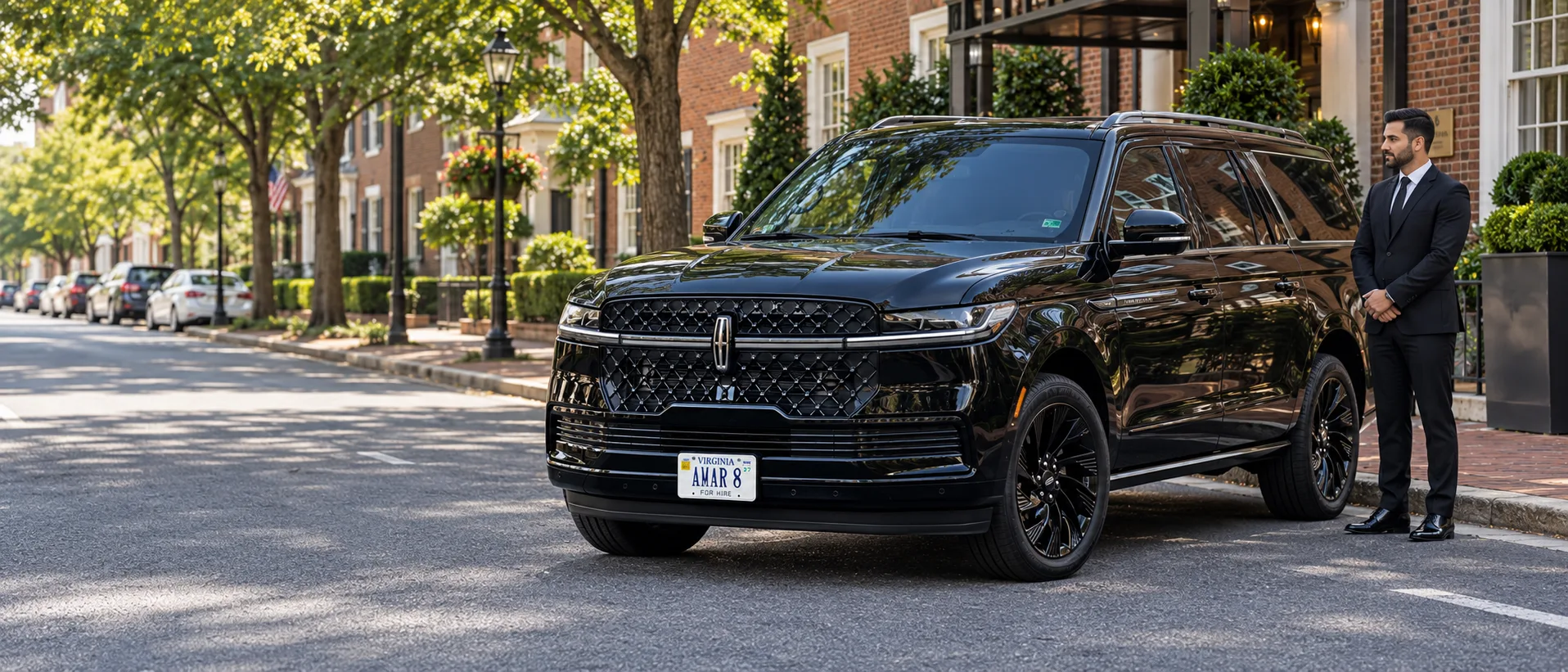 Client-reference black Lincoln Navigator AMAR 8 and chauffeur at a tree-lined Northern Virginia hotel curb in natural daylight