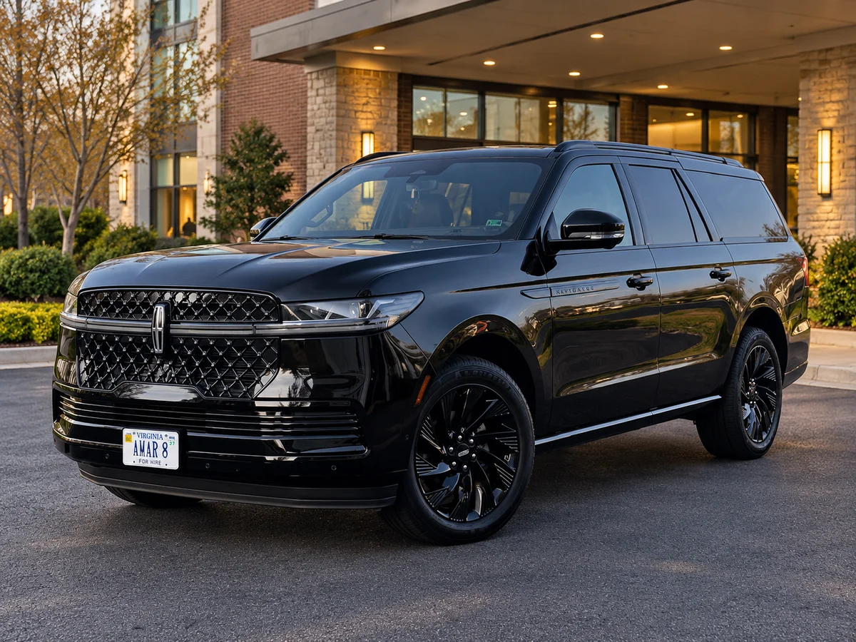 Modern reference-led portrait of the client black Lincoln Navigator L with black wheels and Virginia AMAR 8 plate