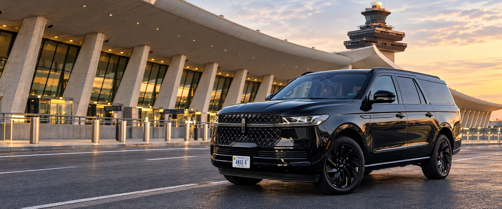 Client-reference black Lincoln Navigator L AMAR 8 at Washington Dulles International Airport, with the real terminal architecture as reference