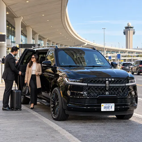 Original-reference Lincoln Navigator and chauffeur at an airport pickup curb