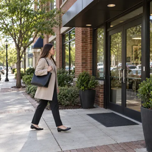 Traveler arriving for an appointment at a modest Virginia office