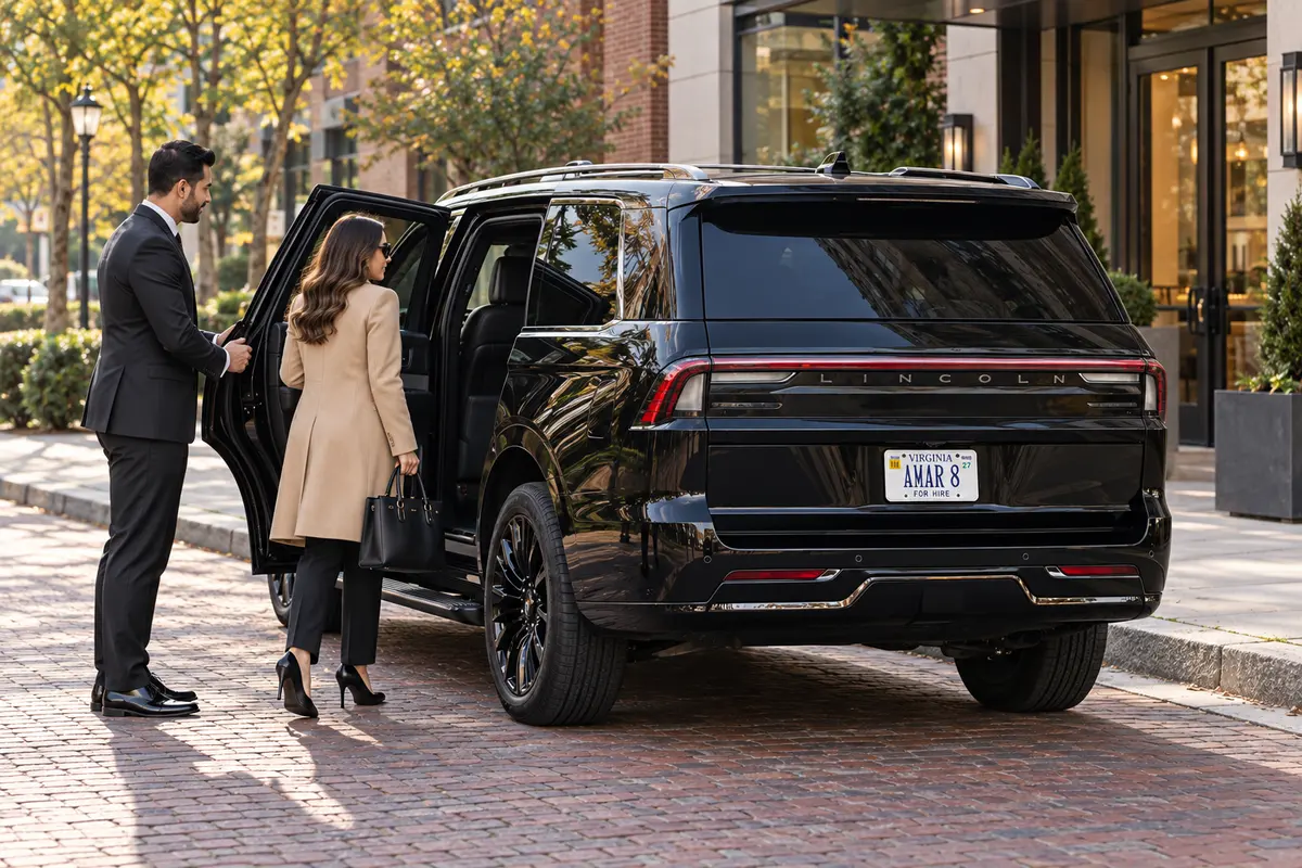 Client-reference Lincoln Navigator with traveler and chauffeur outside a local office