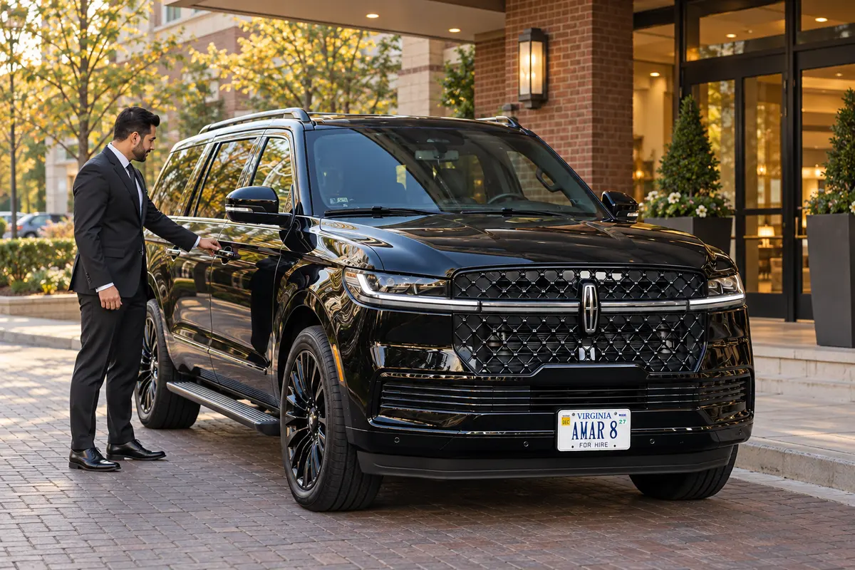 Same professional chauffeur preparing to assist beside the original-reference Lincoln Navigator