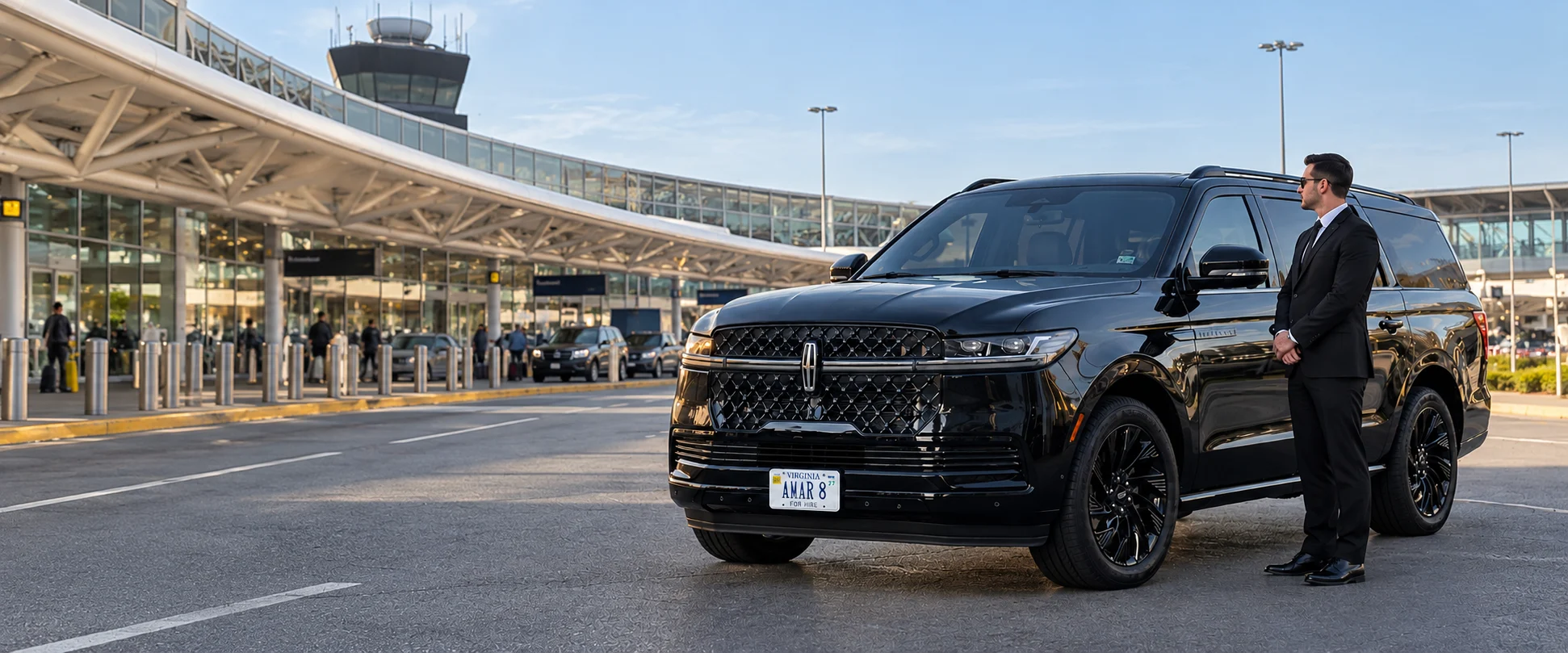 Client-reference Lincoln Navigator L and chauffeur at a recreated BWI airport terminal pickup curb