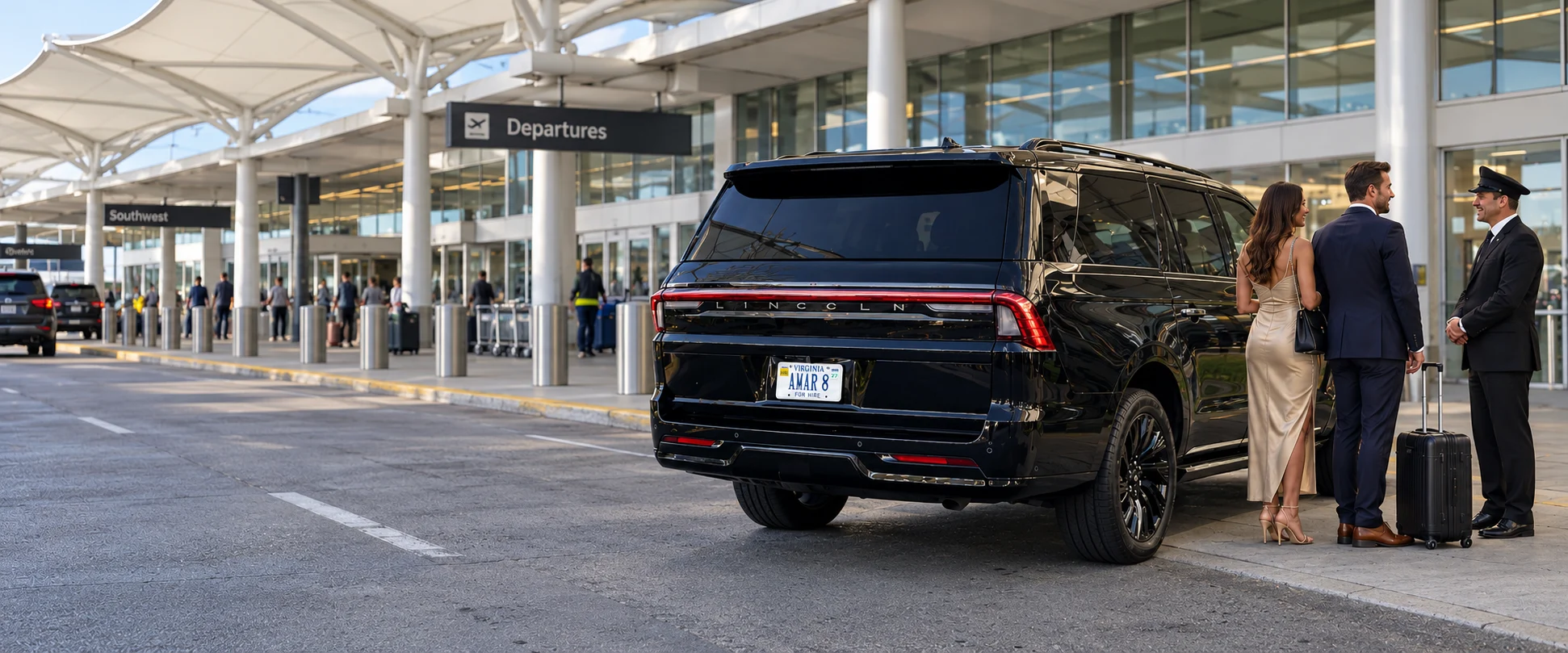 Client-reference Lincoln Navigator L rear view with guests at a recreated BWI airport arrivals curb