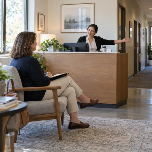 Traveler in a quiet professional reception area before an appointment
