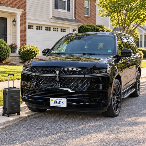 Client-reference Lincoln Navigator AMAR 8 ready for an airport journey outside a modest suburban home