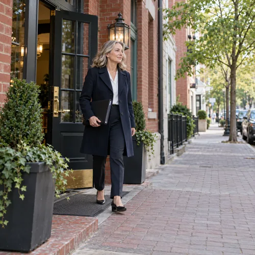 Business traveler leaving a modest brick hotel entrance for a meeting