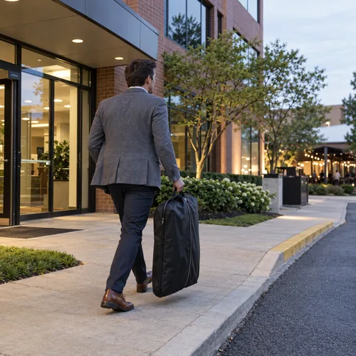 Traveler leaving an office with a garment bag for an event