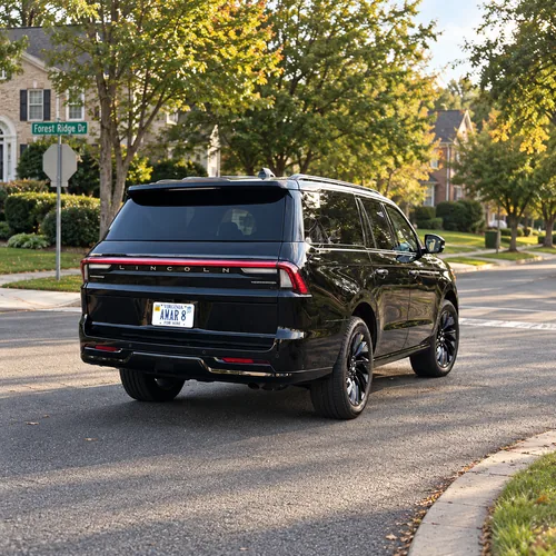 Client-reference Lincoln Navigator AMAR 8 departing along a quiet residential route