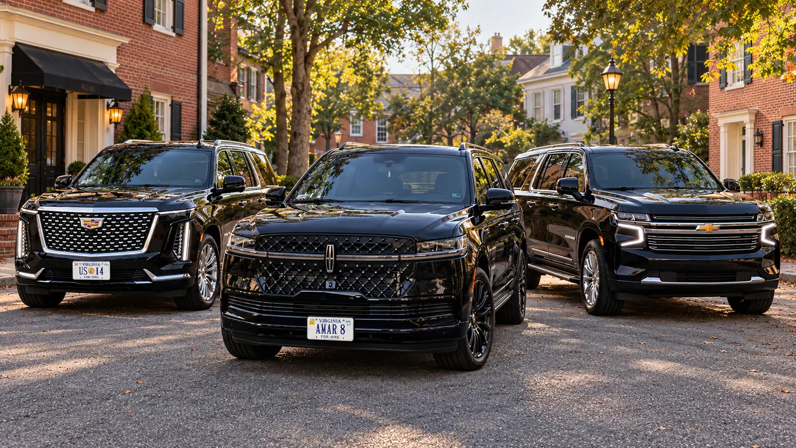 Client-reference Lincoln AMAR 8, Cadillac US 14 and illustrative Chevrolet Suburban at a quiet brick courtyard pickup location