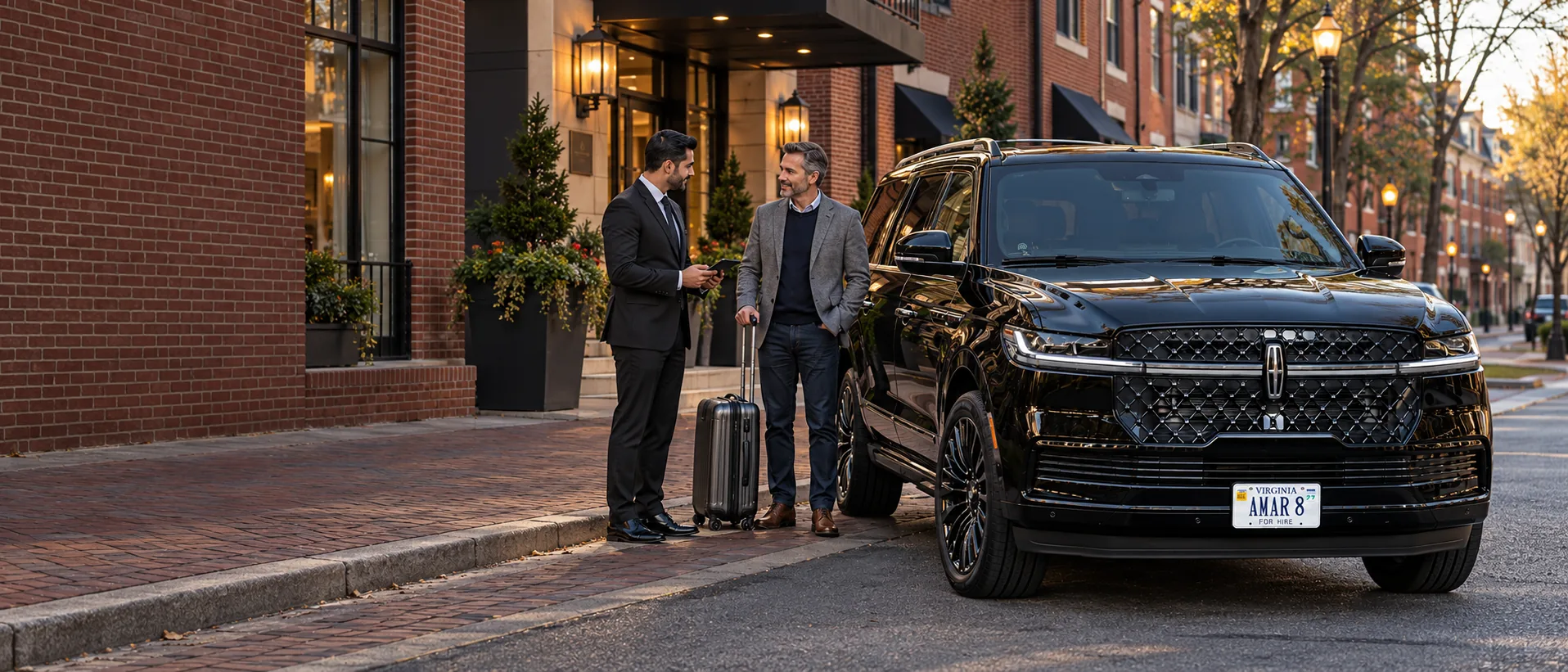 Client-reference Lincoln Navigator AMAR 8 and consistent chauffeur confirming a pickup with a traveler at a brick hotel curb