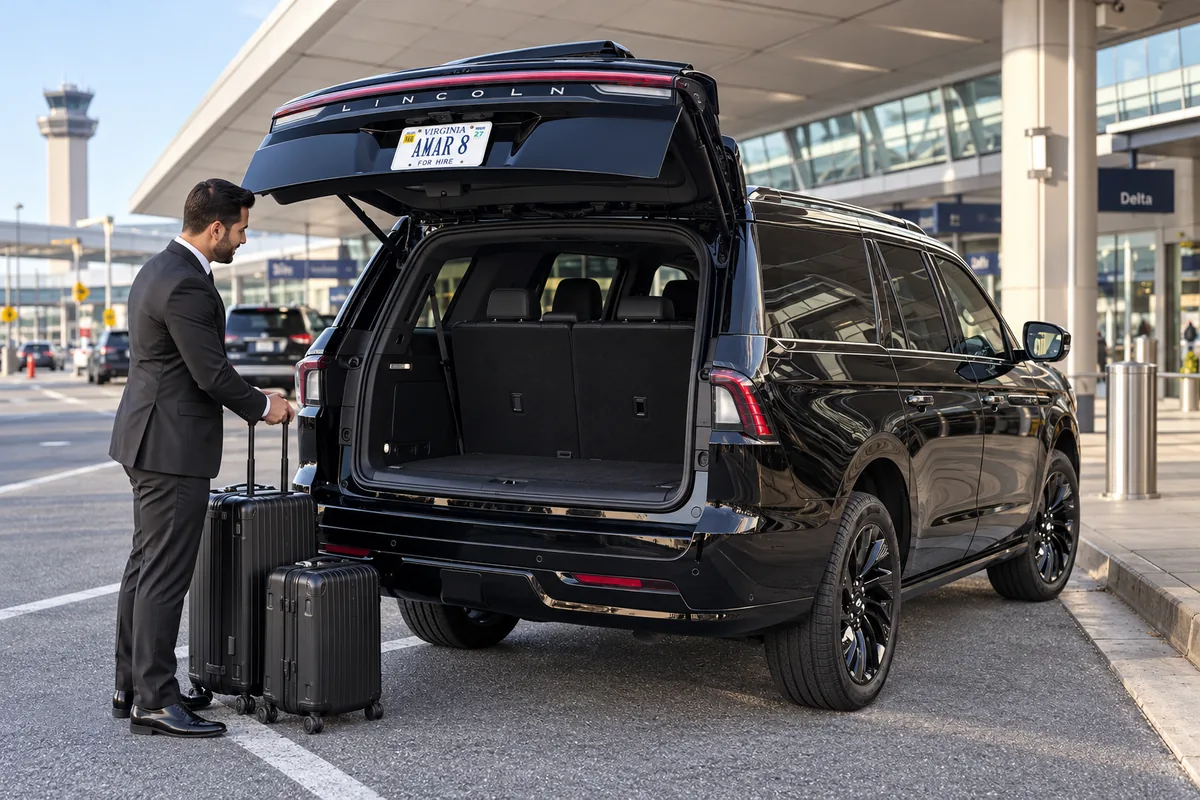 Chauffeur with luggage beside the client-reference Lincoln at an airport curb, AMAR 8 plate raised with the open tailgate