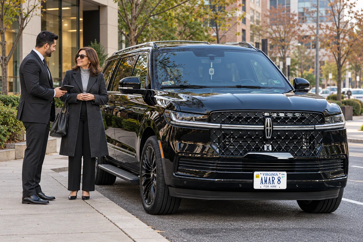 Same chauffeur and a traveler confirming their journey beside the client-reference Lincoln Navigator