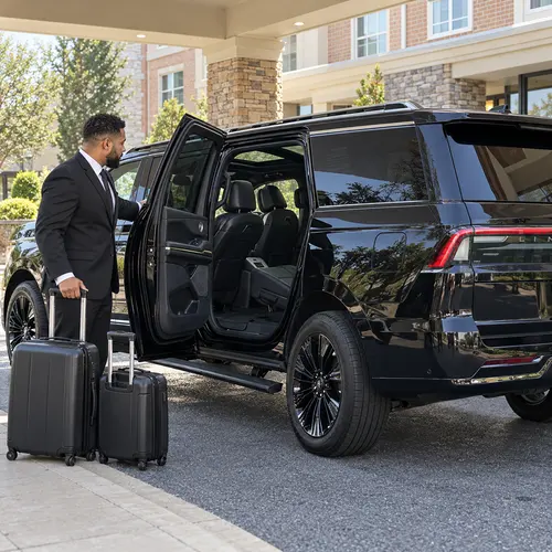 Chauffeur assisting with luggage outside a modest Virginia hotel