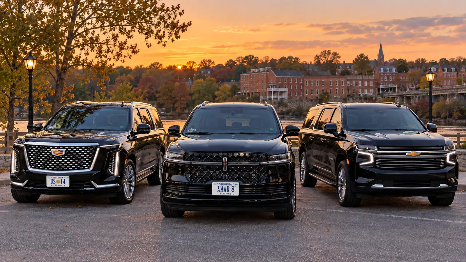 Client-style AMAR Lincoln Navigator, Cadillac Escalade and Chevrolet Suburban at a modest Virginia pickup setting