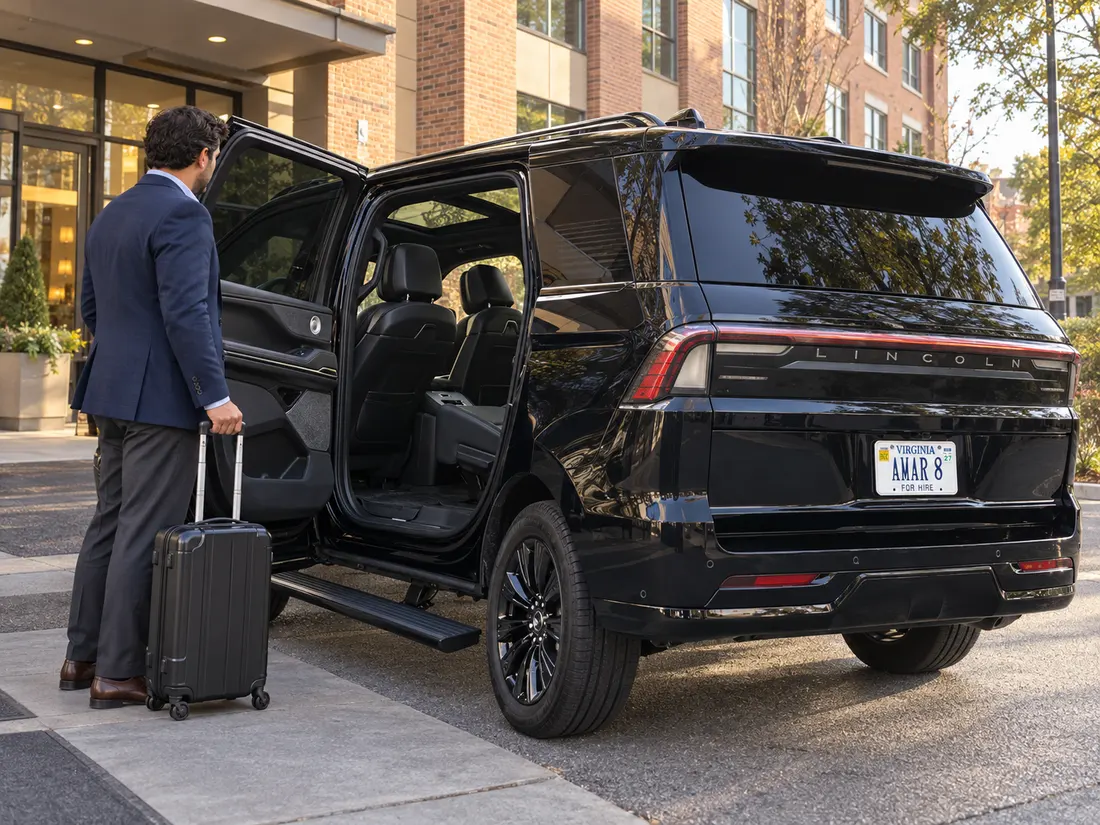 Private traveler waiting beside the client-style Lincoln Navigator L at an Alexandria pickup