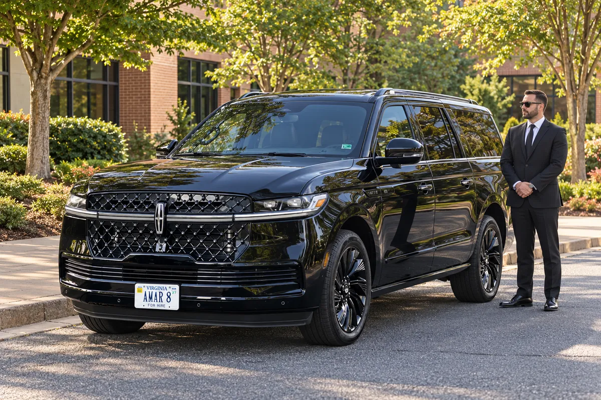 Professional chauffeur standing beside the client-style AMAR 8 Lincoln Navigator at a quiet Virginia curb