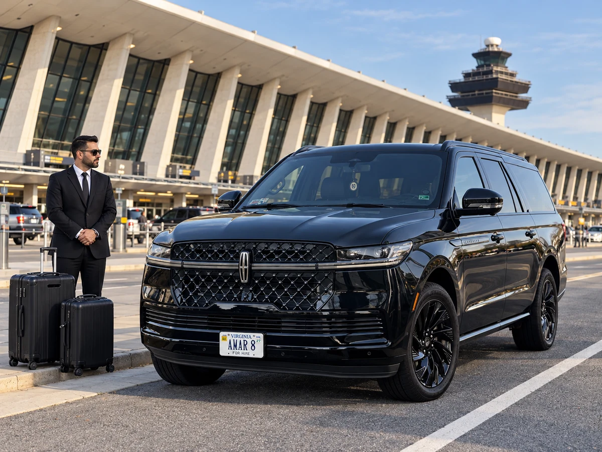 Client-reference Lincoln Navigator L and chauffeur at Dulles International Airport