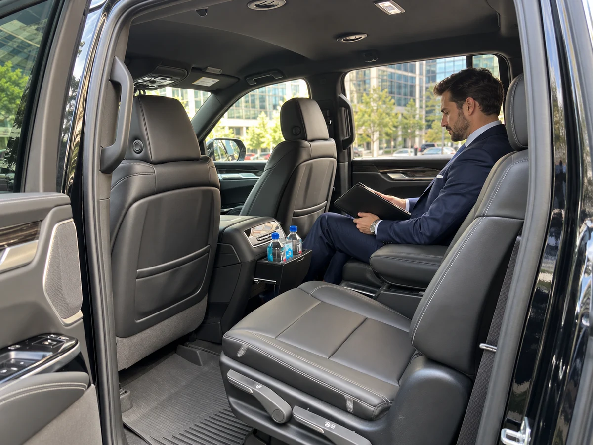 Recreated actual client Cadillac passenger cabin with a business traveler in Rosslyn, Arlington