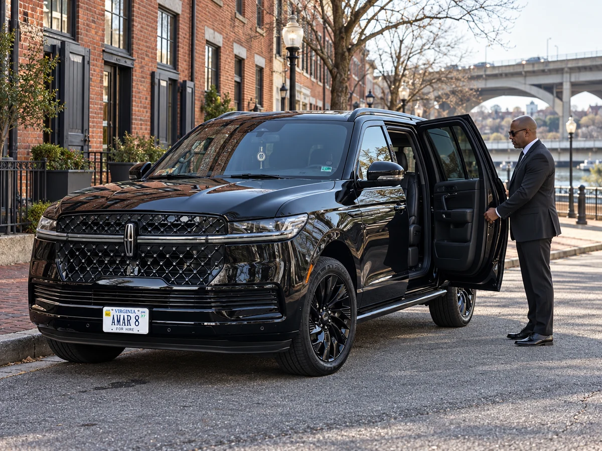 Client-reference Lincoln Navigator L with a chauffeur on Water Street in Georgetown