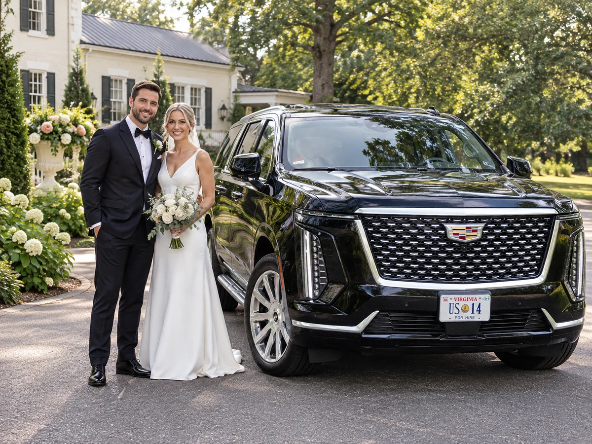 Client-reference Cadillac Escalade with wedding guests at River Farm in Alexandria