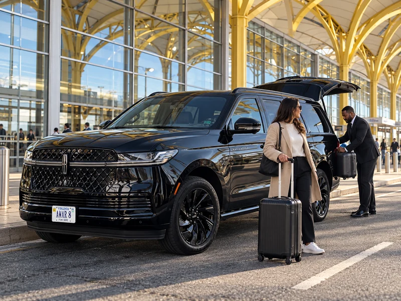 Traveler and chauffeur loading airport luggage into the client-reference Lincoln at Reagan National Airport