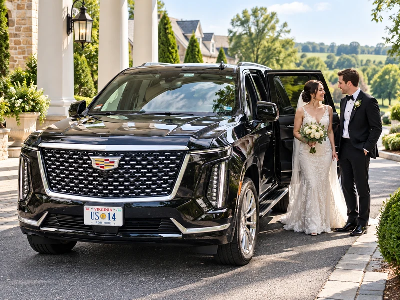 Bride and groom arriving beside the client-reference Cadillac at a Middleburg wedding venue